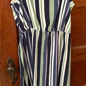 LOFT Vertical Stripe Midi Dress - Navy, Green, White